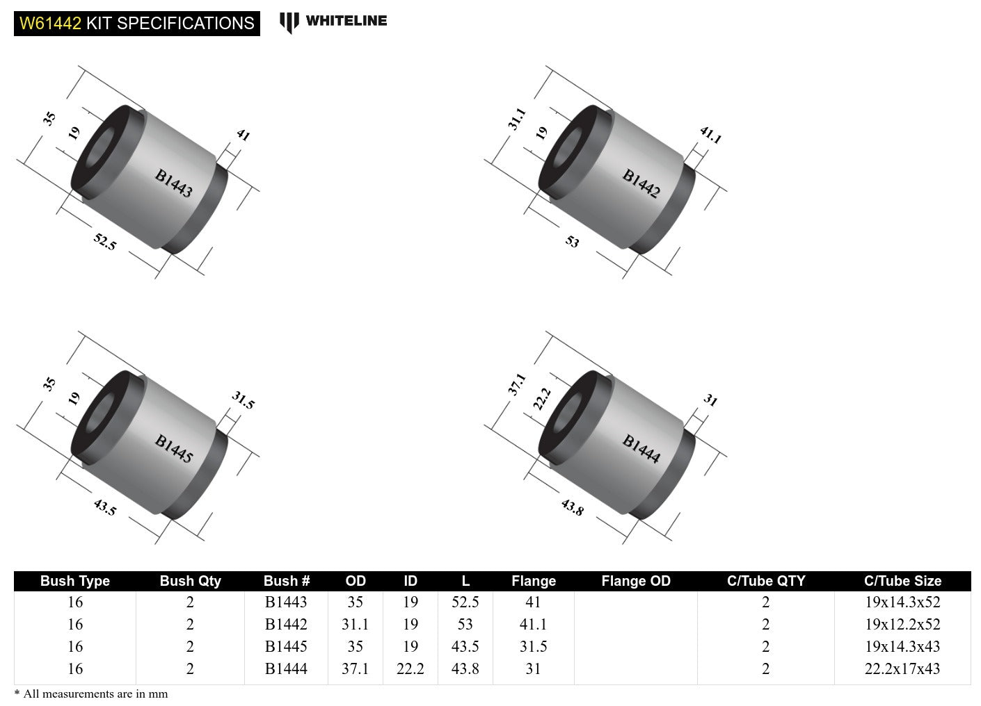 Whiteline Rear Control Arm Lower - Bushing Kit to Suit Toyota Camry and Holden Apollo | W61442
