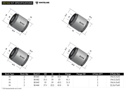 Whiteline Rear Control Arm Lower - Bushing Kit to Suit Toyota Camry and Holden Apollo | W61442