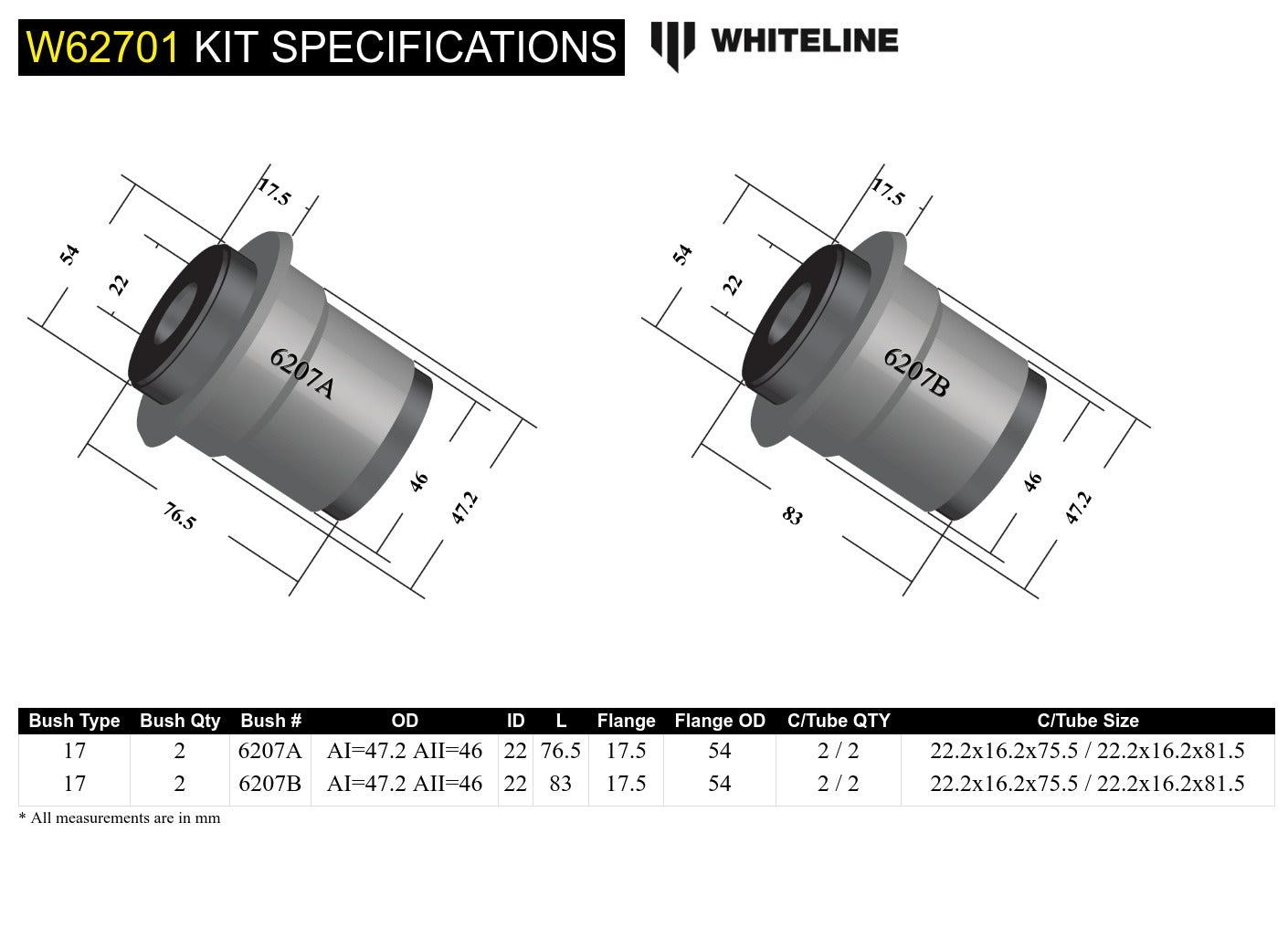 Whiteline Rear Control Arm Lower - Inner Bushing Kit to Suit Ford Falcon/Fairlane AU | W62701