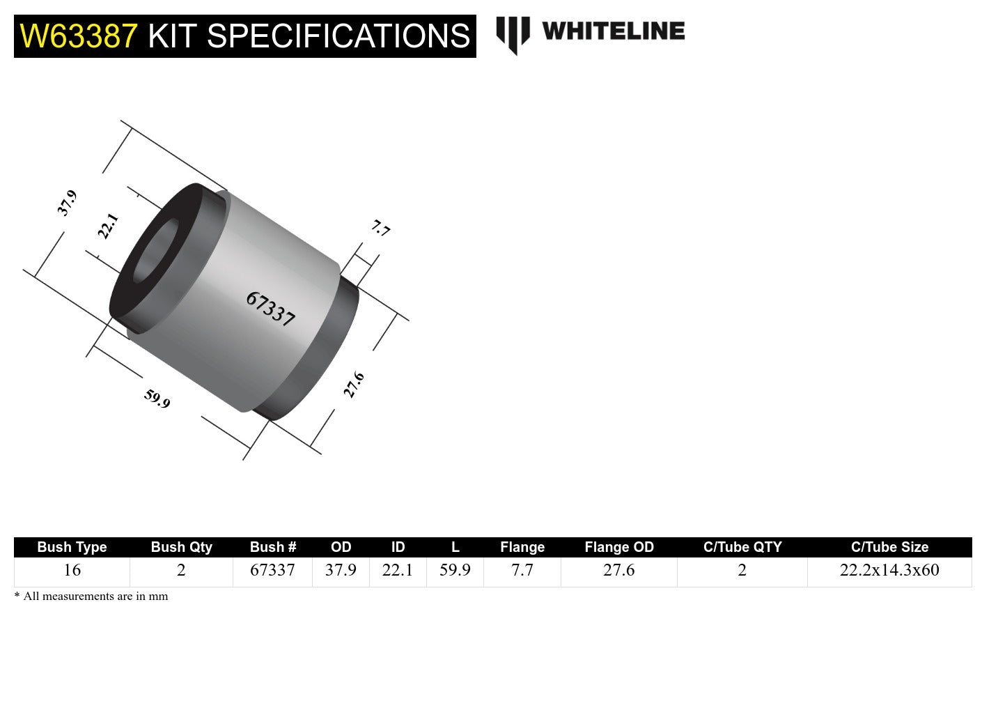Whiteline Rear Control Arm Lower - Bushing Kit to Suit Mazda RX-8 FE | W63387