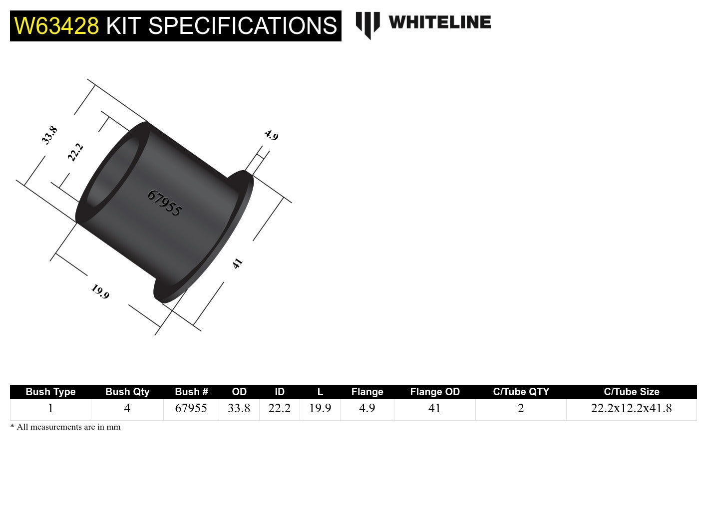 Whiteline Rear Control Arm Lower Rear - Inner Bushing Kit to Suit Subaru BRZ, Impreza, Levorg, Liber