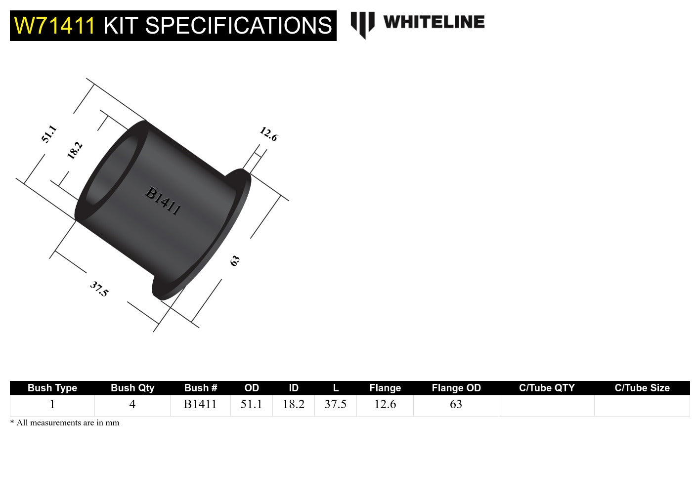 Whiteline Rear Leaf Spring - Front Eye Bushing Kit to Suit Ford Falcon/Fairlane XK-XP | W71411