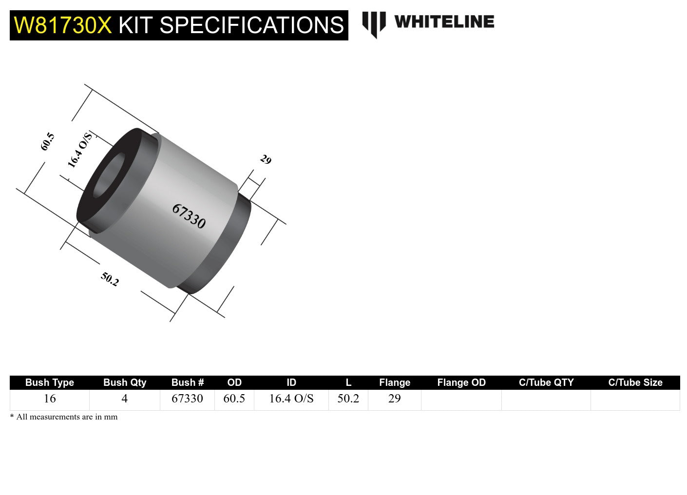 Whiteline Front Leading Arm - To Differential Bushing Kit Extra Offset to Suit Nissan Patrol GQ, GU