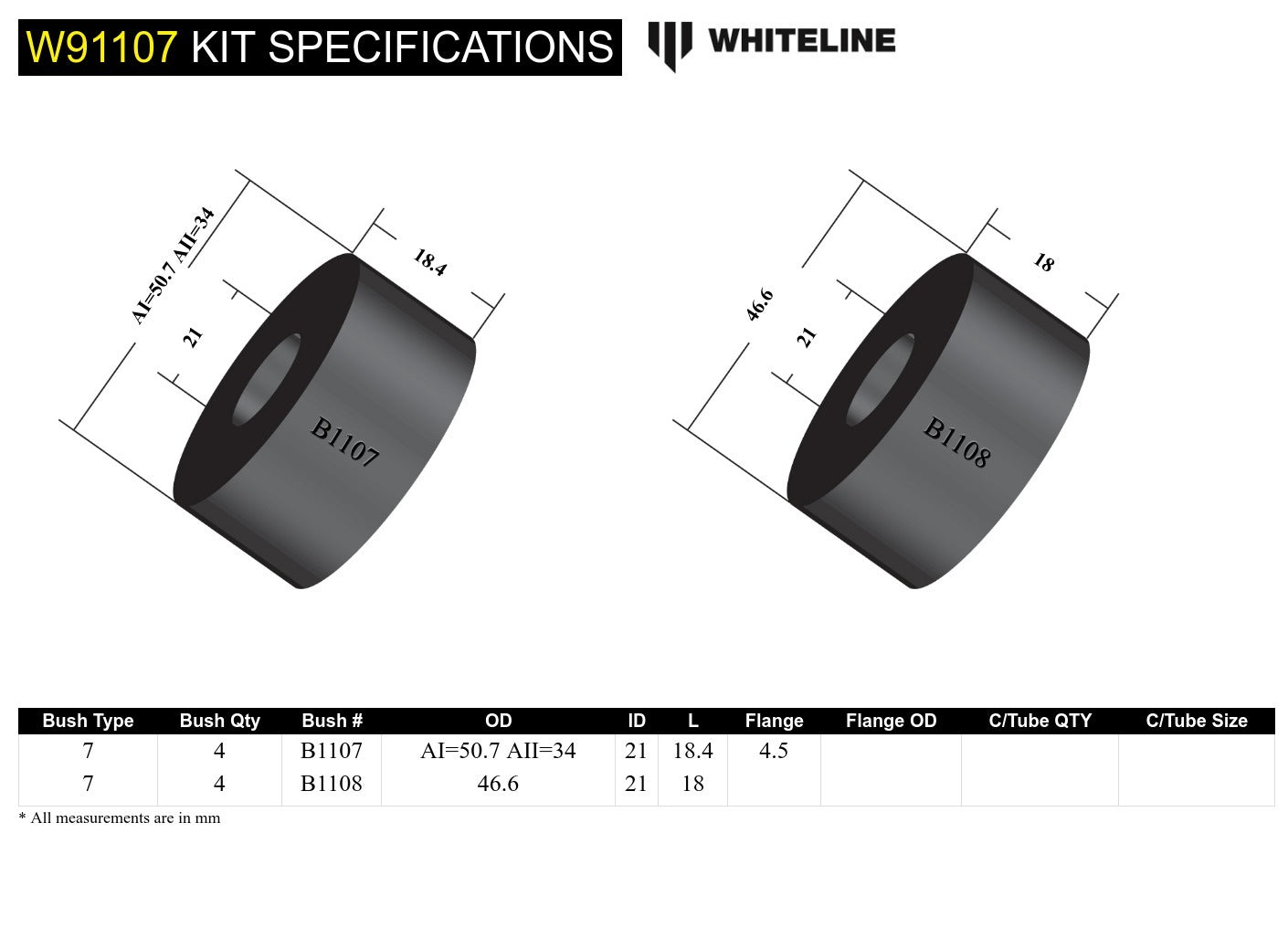 Whiteline Front Subframe - Bushing Kit to Suit Holden HQ-WB and Torana LH-LX | W91107