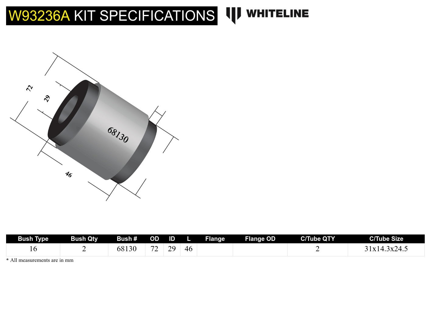 Whiteline Rear Differential Mount - Front Bushing Kit to Suit Ford Falcon/Fairlane BA-FGX, Territory