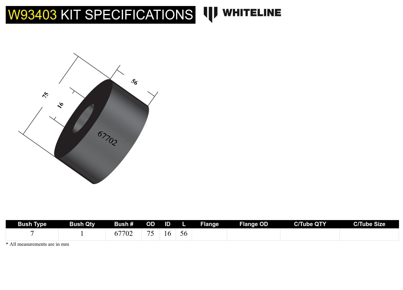 Whiteline Rear Differential Mount - Rear Bushing Kit 75mm OD to Suit Ford Falcon/Fairlane BA-BF, Ter