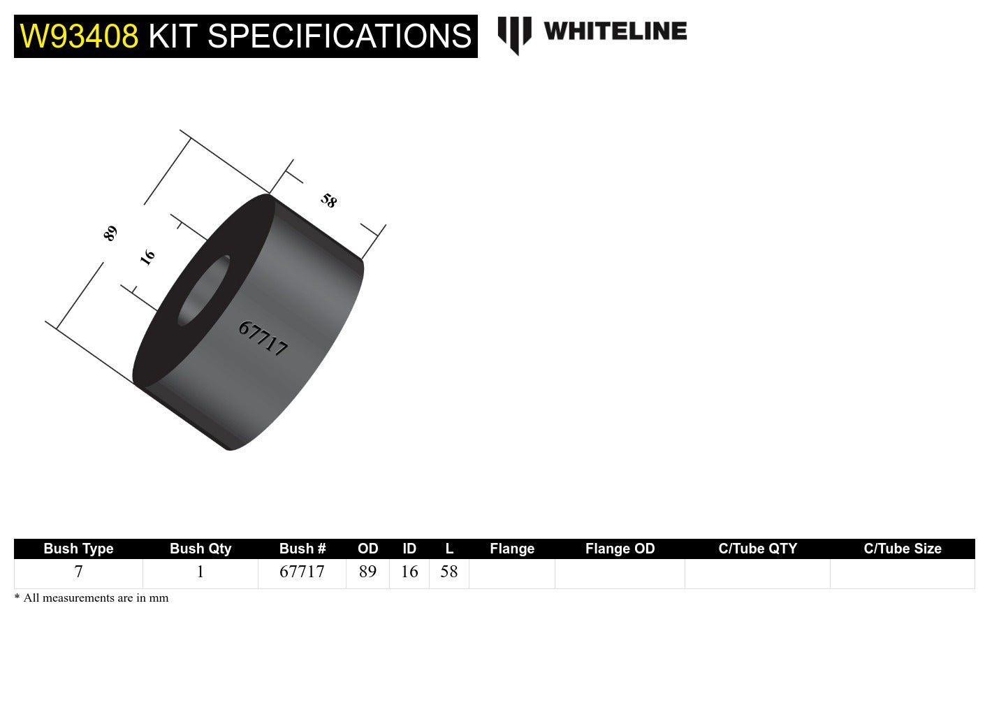 Whiteline Rear Differential Mount - Rear Bushing Kit 89.2mm OD to Suit Ford Falcon/Fairlane BA-FGX,